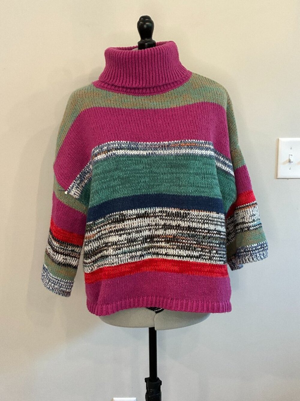 Boho Vintage Knox Rose Multicolor Striped Turtleneck Sweater Large 0337